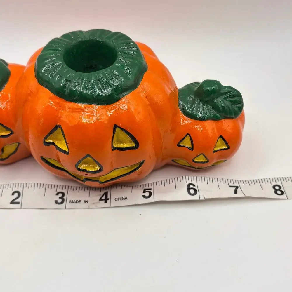 Vintage 90s Halloween Orange Jack-o-Lantern Ceramic Pumpkin Taper Candle Holder